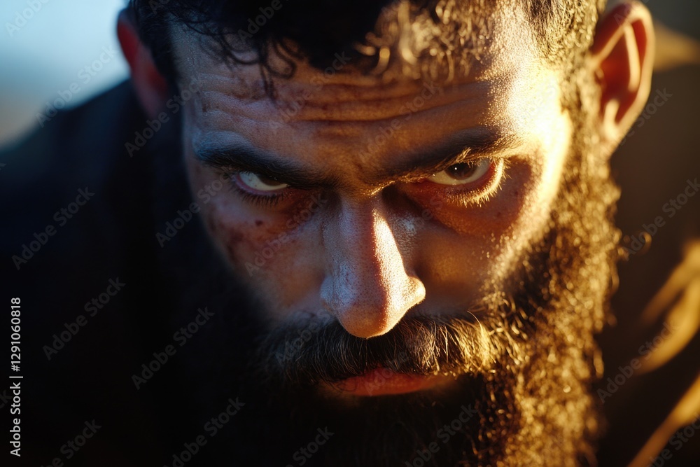 Poster A close up shot of a man's face with a long beard, suitable for use in a variety of contexts such as editorial or commercial applications