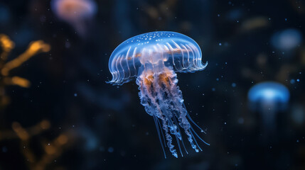 Ethereal Jellyfish Floating Gracefully in Deep Ocean Water with Soft Blue Glow and Delicate Tentacles
