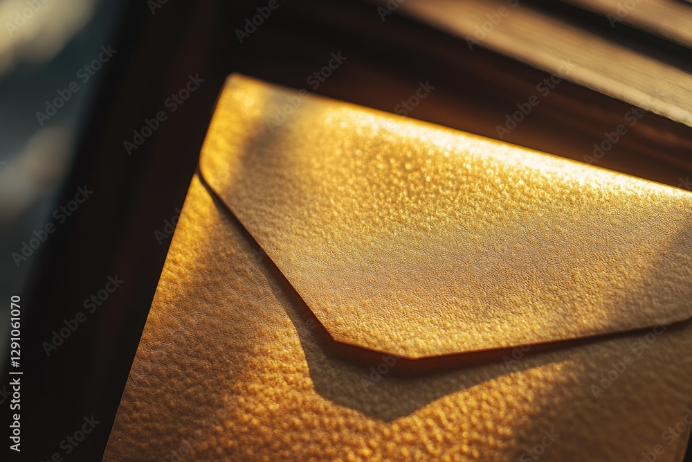 Poster a golden envelope resting on a wooden surface, perfect for delivering important messages or document
