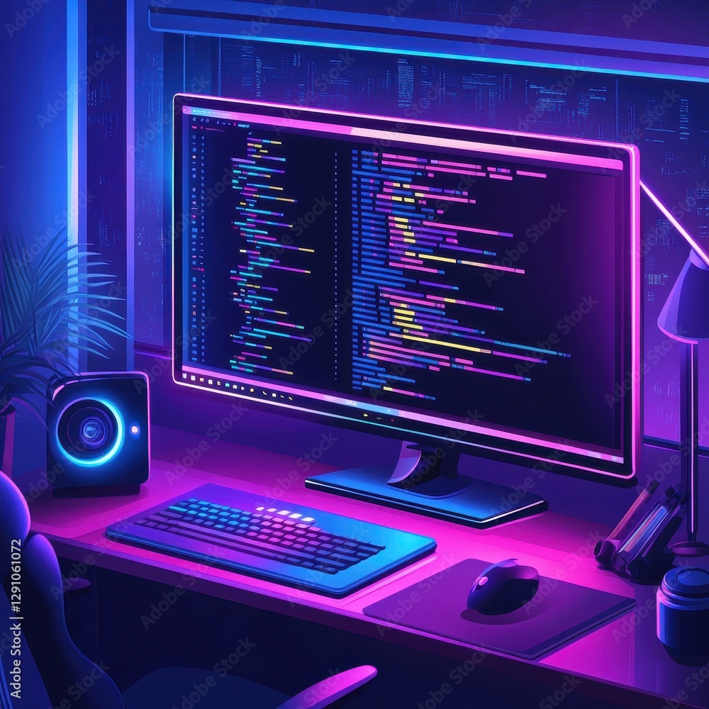 Poster a vibrant workspace featuring a computer monitor displaying code, illuminated by colorful lights, wi
