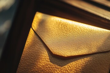 A golden envelope resting on a wooden surface, perfect for delivering important messages or documents
