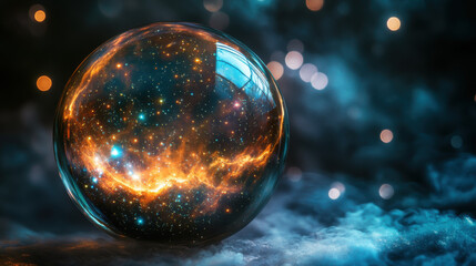Ethereal glass orb reflecting cosmic space filled with stars and nebulas in a dreamy background environment