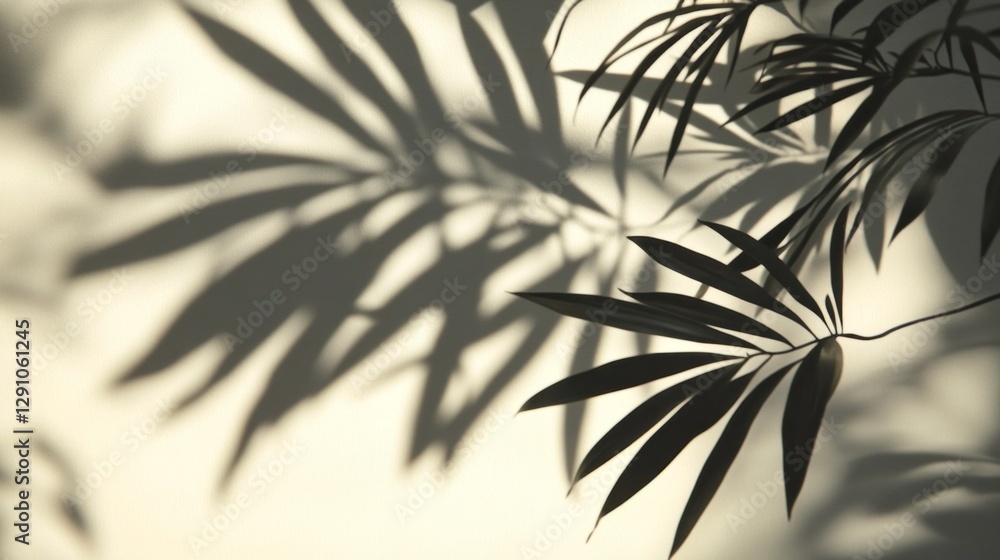 Poster sunlight filters through palm leaves, creating a gentle play of shadows on a light-colored surface. 