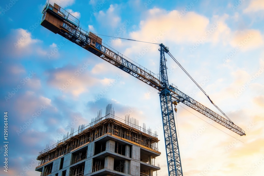 Poster a crane standing next to a building under construction, providing support for the construction proce