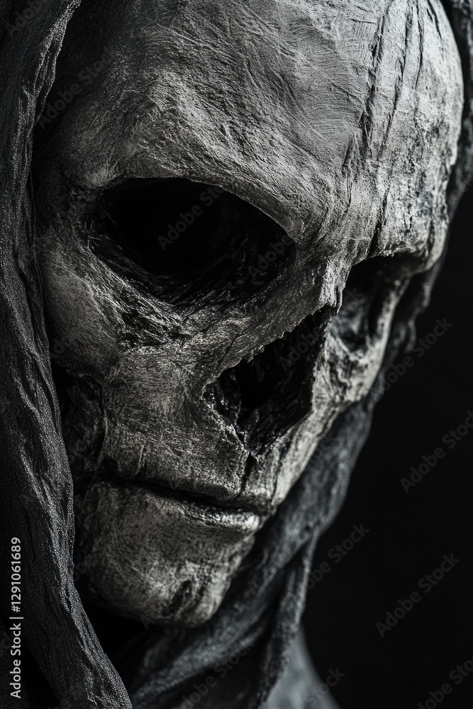 Poster a mysterious skeleton wearing a hooded cloak in a black and white image