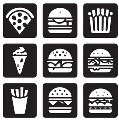 Food Icons (Pizza, Burger, etc.) Different  Silhouette Vector on a White Background