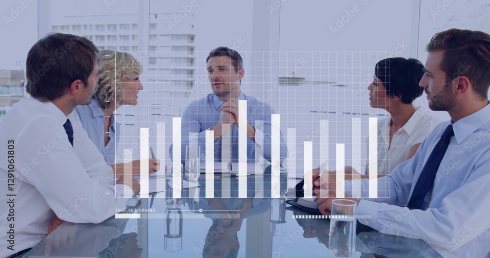 Poster image of financial data processing over diverse colleagues discussing work in office