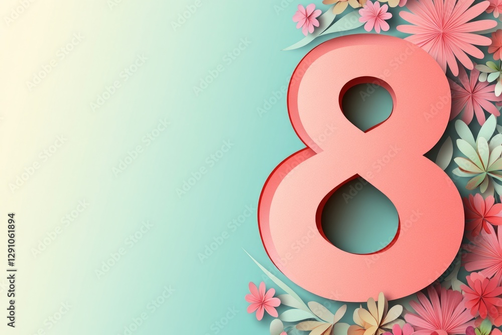 Poster a stylized number 8 surrounded by colorful flowers on a blue background, suitable for use in educati