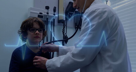 Image of cardiograph over asian male doctor examining patient