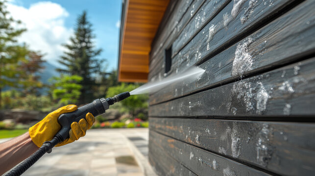 man using high pressure wand to clean siding of house, showcasing effective cleaning techniques in sunny outdoor setting. scene captures beauty of nature and home maintenance