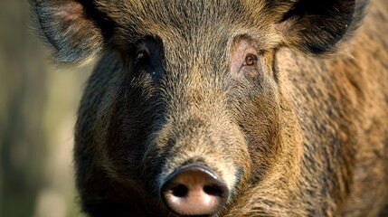 Close-up shot of a boar's face with blurred background