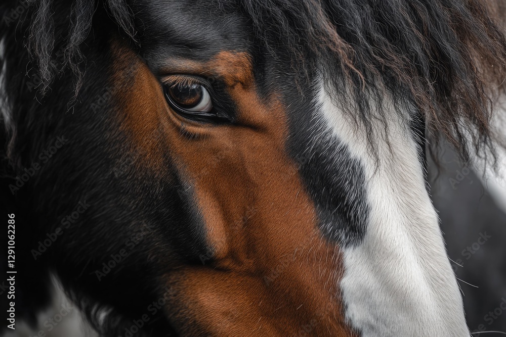 Poster a close-up shot of a horse's face with a blurred background, ideal for uses where the focus is on th