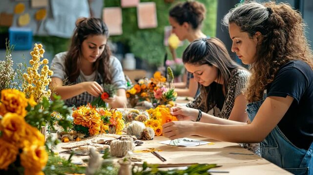 A craft workshop repurposing household items into trendy home decor pieces, with participants at work.