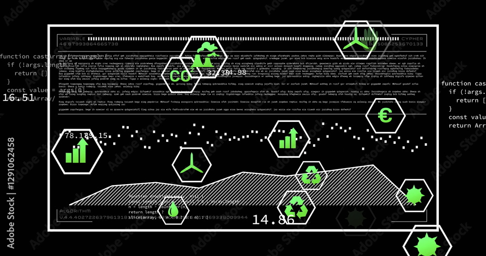 Poster image of ecology icons over data processing on black background