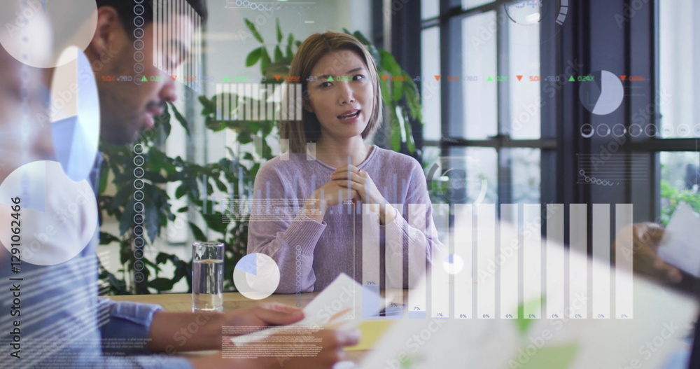 Poster image of financial data processing over diverse colleagues discussing work in office
