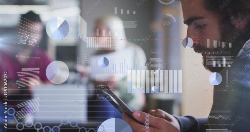 Poster image of financial data processing over diverse colleagues discussing work in office