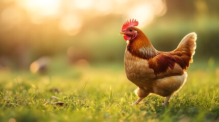 Fototapeta premium A beautiful chicken foraging in lush green grass under bright sunlight in a serene farm environment