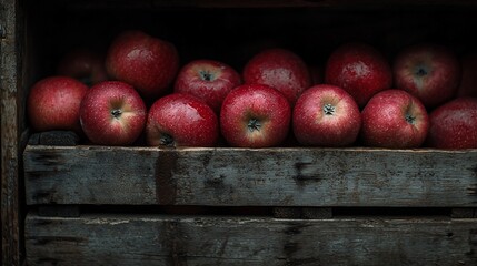 Red apples packed fresh in a rustic wooden crate, ready for market, in dark setting