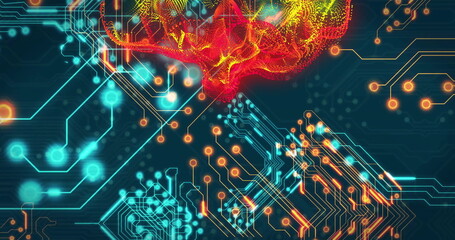 Image of digital network of connections over circuit board on black background