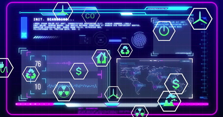 Image of ecology icons over data processing on blue background