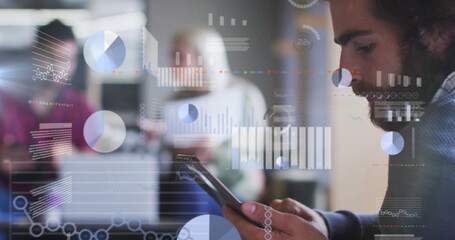 Image of financial data processing over diverse colleagues discussing work in office