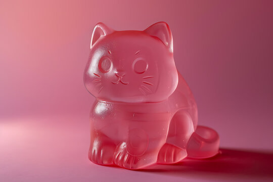 pink jelly candy cat, a translucent, pink jelly candy shaped like a cat in a vibrant hue of efc has a glossy finish with a subtle gradient effect its playful appearance, bright color, and bouncy