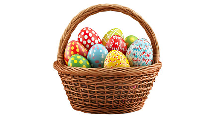 A colorful basket filled with decorated Easter eggs, perfect for celebrating spring and festive traditions.