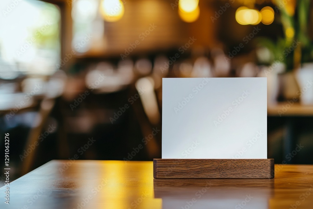 Poster blank menu holder on an empty table in front view, with white paper. in the background, the setting 