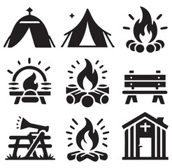 Rustic Outdoor Icons (Tent, Campfire) Different Silhouette Vector on a White Background