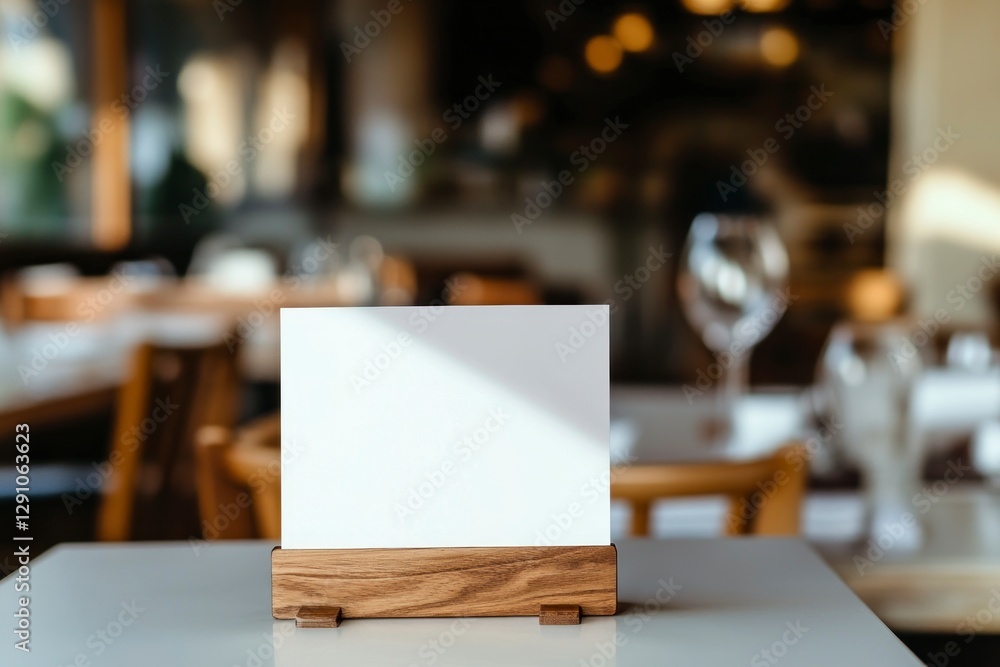 Poster blank menu holder on an empty table in front view, with white paper. in the background, the setting 
