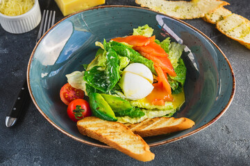 Caesar salad with eggs, salmon, avocado, cherry tomatoes and grilled toast, close up view.
