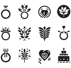 Wedding Rings Icons Different  Silhouette Vector on a White Background