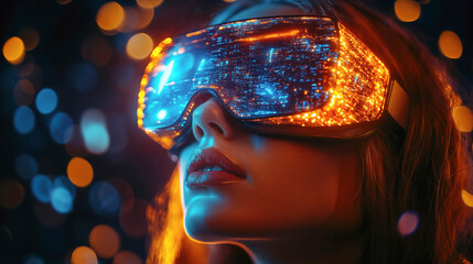 Woman using vr headset experiencing virtual reality in metaverse with glowing lights