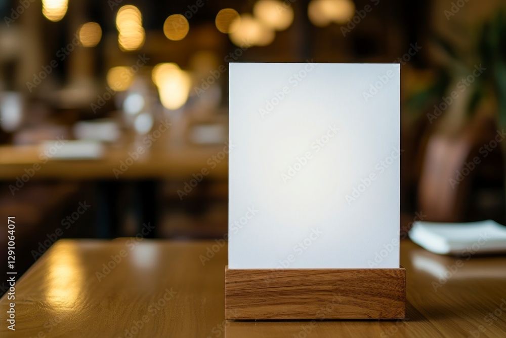 Poster blank menu holder on an empty table in front view, with white paper. in the background, the setting 