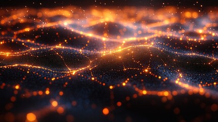 Obraz premium Abstract glowing particle waves, dark background, digital art, possible use in futuristic design or technology themes