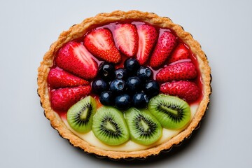 Colorful fruit tart featuring strawberries, blueberries, and kiw
