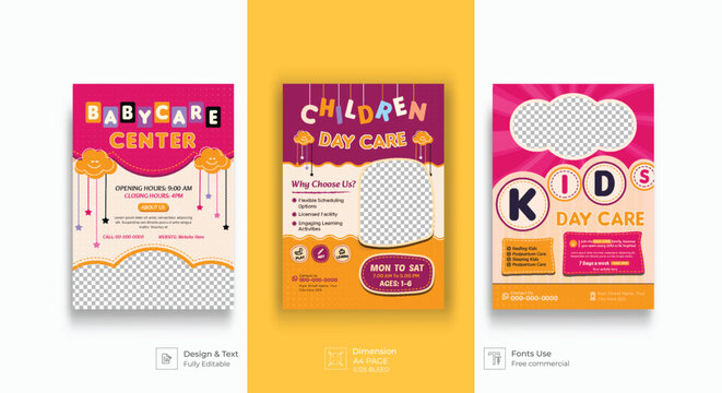 Set of Child care services flyer, poster, design template