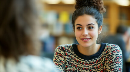 A young woman smiling while having a conversation in a coffee shop, highlighting a joyful and friendly interaction in a cozy, modern setting.