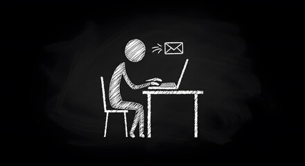 Chalkboard-Style Stick Figure Typing on a Laptop and Sending an Email – Digital Communication Concept