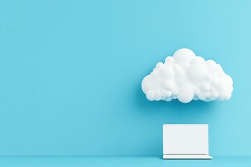 A minimalist workspace with a white laptop and cloud above it, set against a vibrant blue background, symbolizing digital innovation and creativity