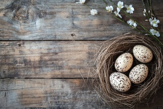 Rustic easter eggs in nest with pussy willow on weathered wooden table