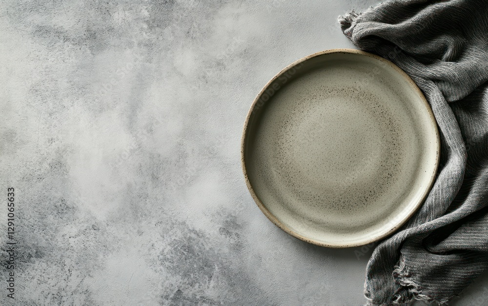 Poster minimalist background with an empty plate and cloth on a light grey concrete table, a flat lay top v