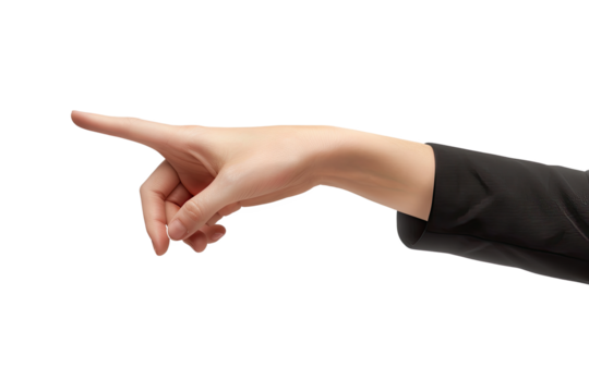 A focused hand pointing gesture, symbolizing direction, leadership, and communication in a professional setting.