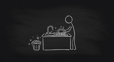 Chalkboard-Style Stick Figure Washing Dishes at the Sink – Household Chores and Responsibility Concept