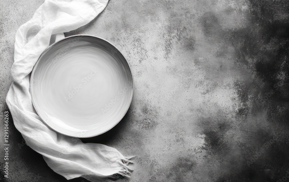 Poster minimalist background with an empty plate and cloth on a light grey concrete table, a flat lay top v