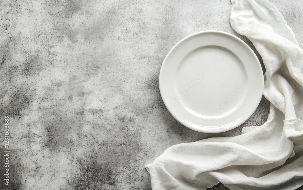 Poster minimalist background with an empty plate and cloth on a light grey concrete table, a flat lay top v