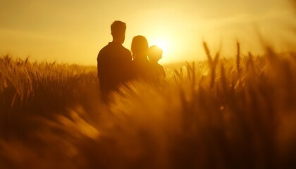 A Family Silhouetted Together Standing In A Wheat Field