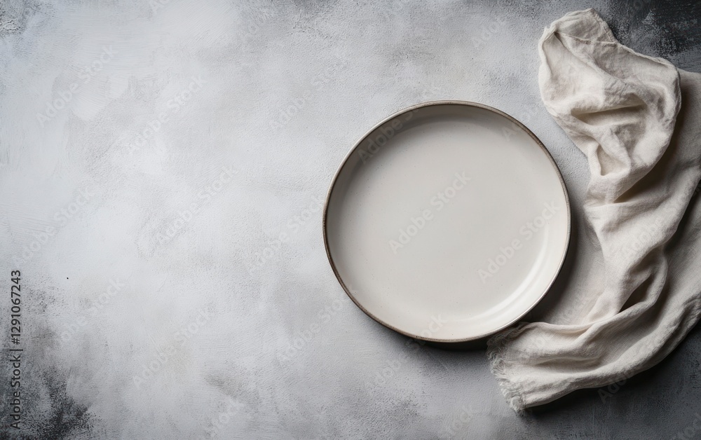 Poster minimalist background with an empty plate and cloth on a light grey concrete table, a flat lay top v