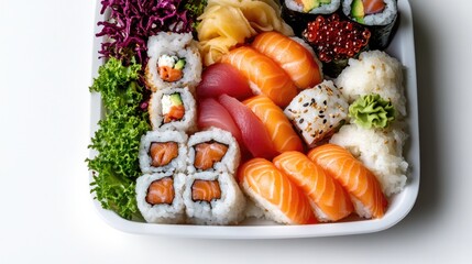 Colorful sushi platter showcases fresh ingredients, vibrant colo