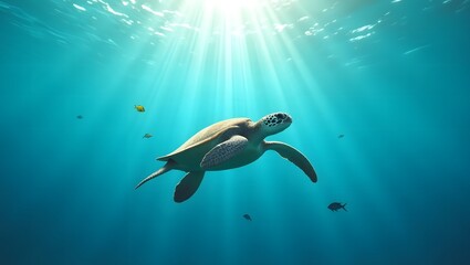 Obraz premium Graceful Sea Turtle Swimming in Crystal Clear Ocean Waters